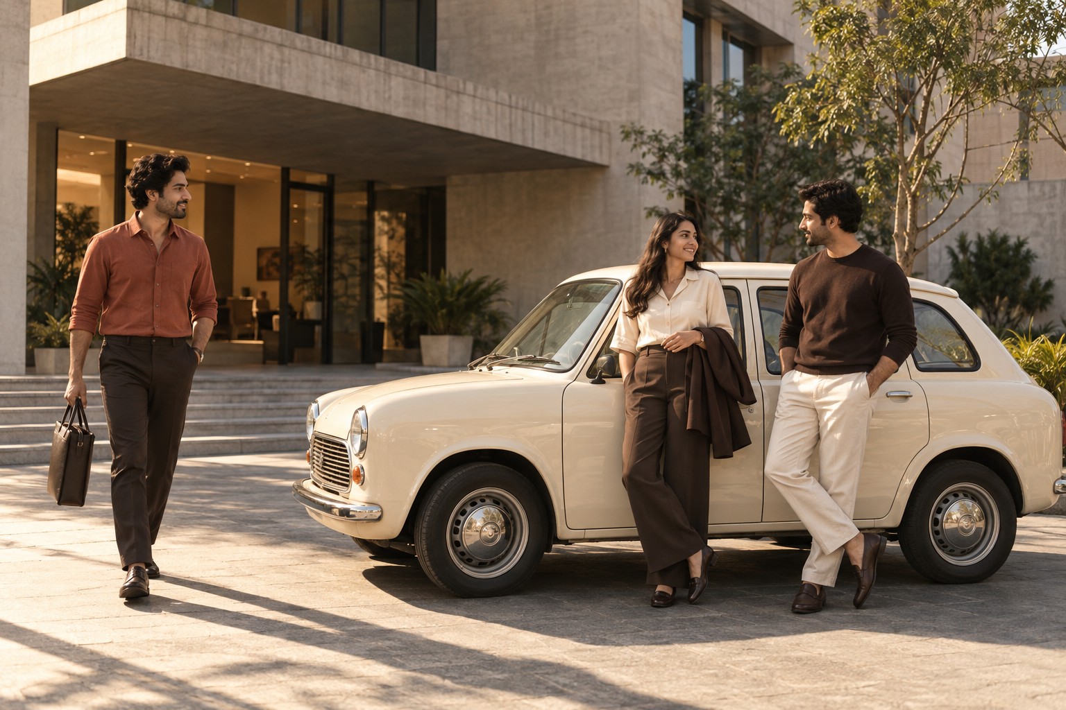 Coworkers meeting beside a car outside their workplace in warm evening light